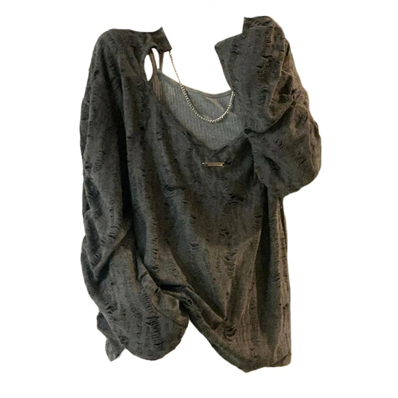 大码胖妹妹甜辣风镂空链条长袖防晒罩衫女春季宽松设计感小众上衣