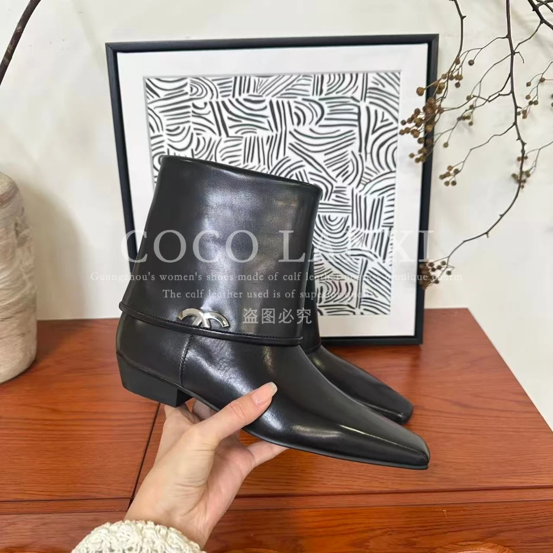 【晚风】时尚百搭黑色气质方头坡跟短靴25XZ770LX