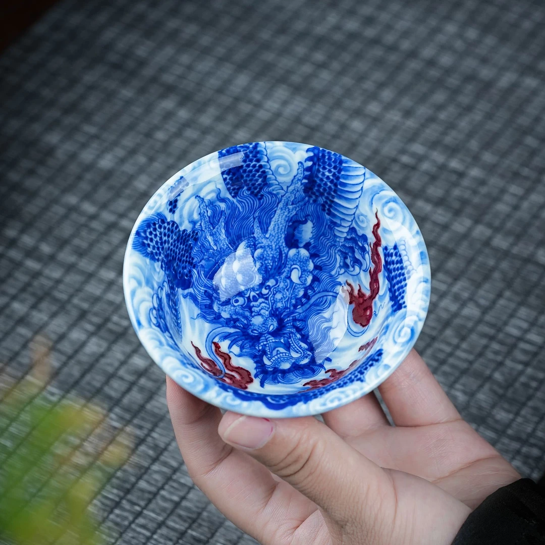 永明尚玩龙腾盛世陶瓷纯手工主人杯盏杯釉里红名窑茶杯家用自用杯