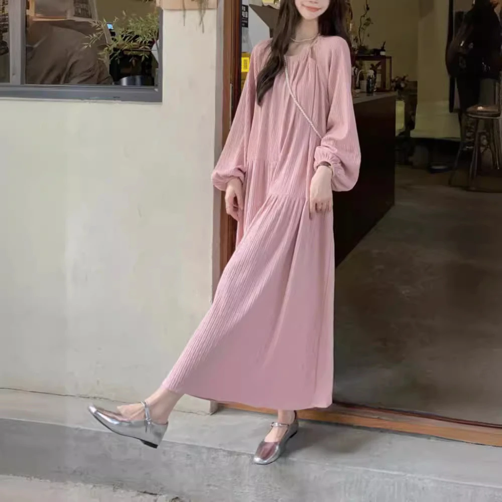 NYING 韩国chic不对称设计连衣裙圆领褶皱纹理感宽松长款裙子