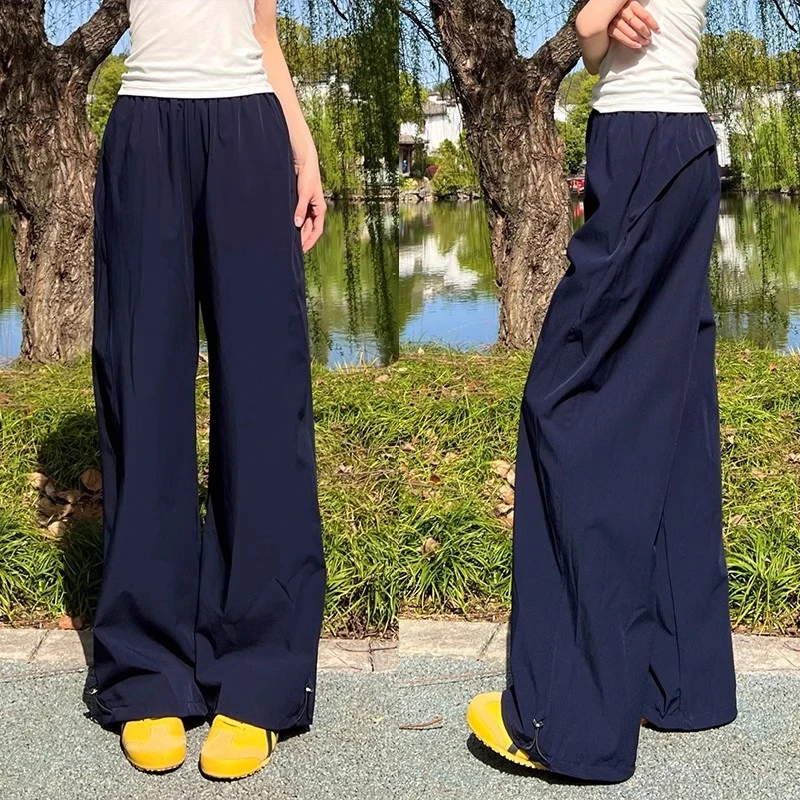 藏青色速干工装裤女夏季薄款高腰显瘦宽松直筒美式复古运动阔腿裤