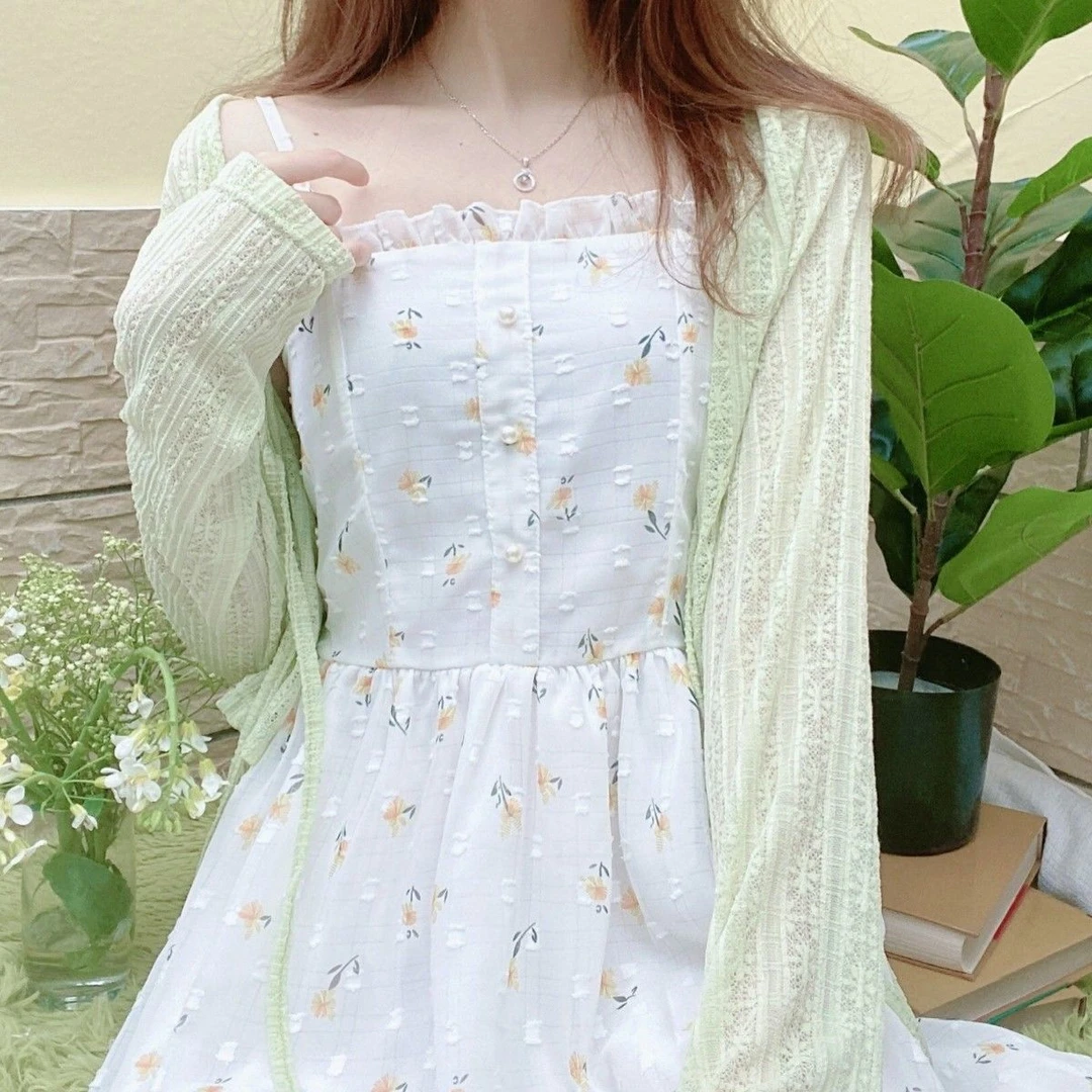 吊带裙两件套森系碎花连衣裙女夏季雪纺中长款连衣裙套装防晒开衫