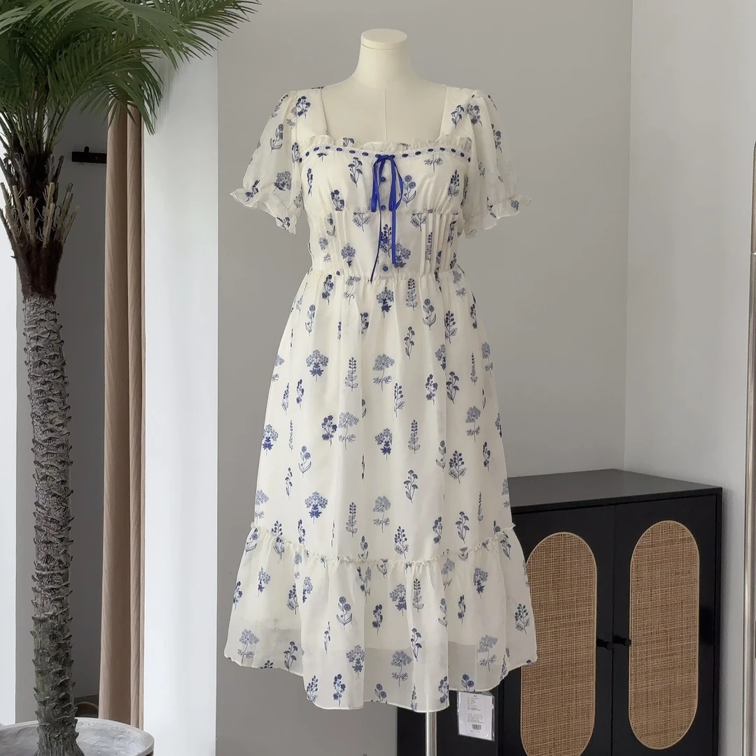 月下青花｜大码胖mm长款女装夏季2025清新显瘦收腰青花瓷连衣裙