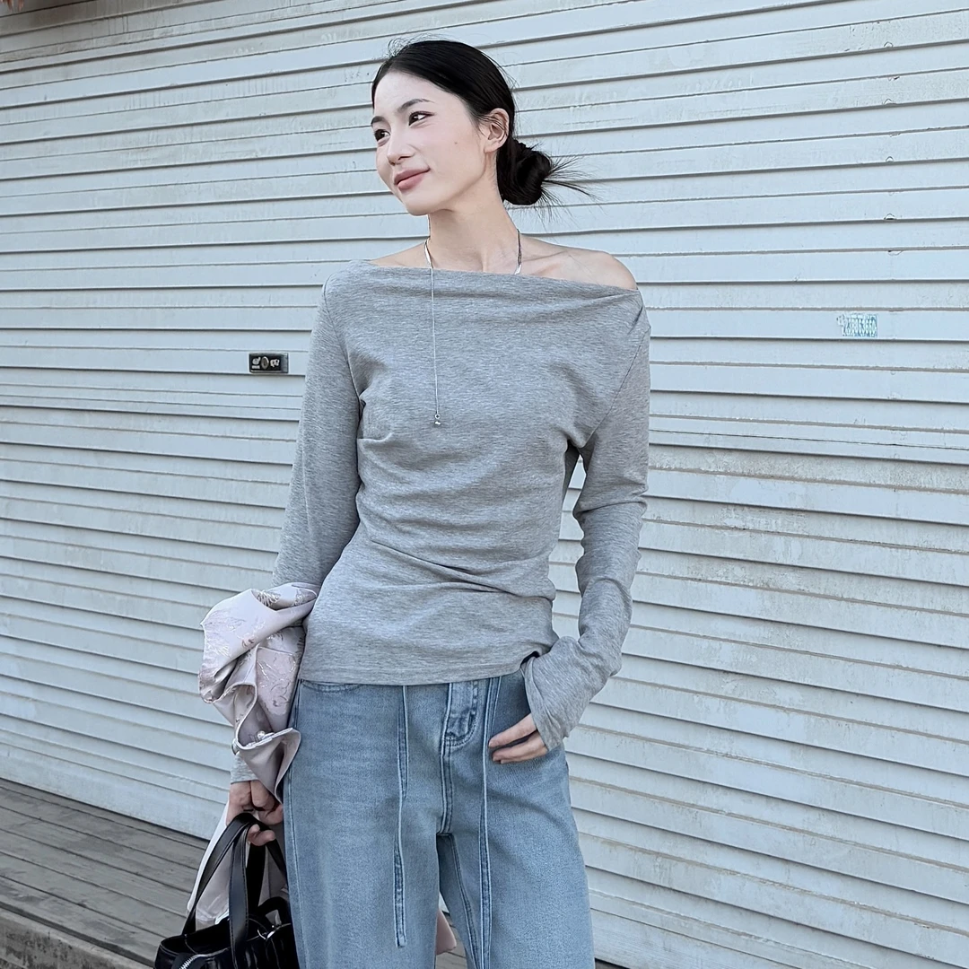 2025春新款辣妹一字领不规则时尚修身显瘦长袖T恤打底衫女132885