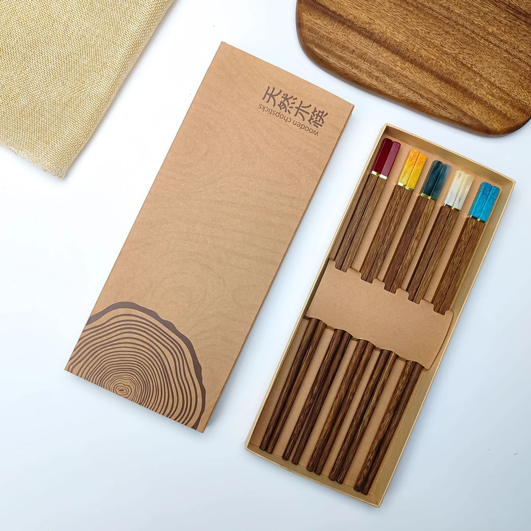 玉石鸡翅木筷子家用电商5双装高颜值分餐新款拼接红檀木筷子木质