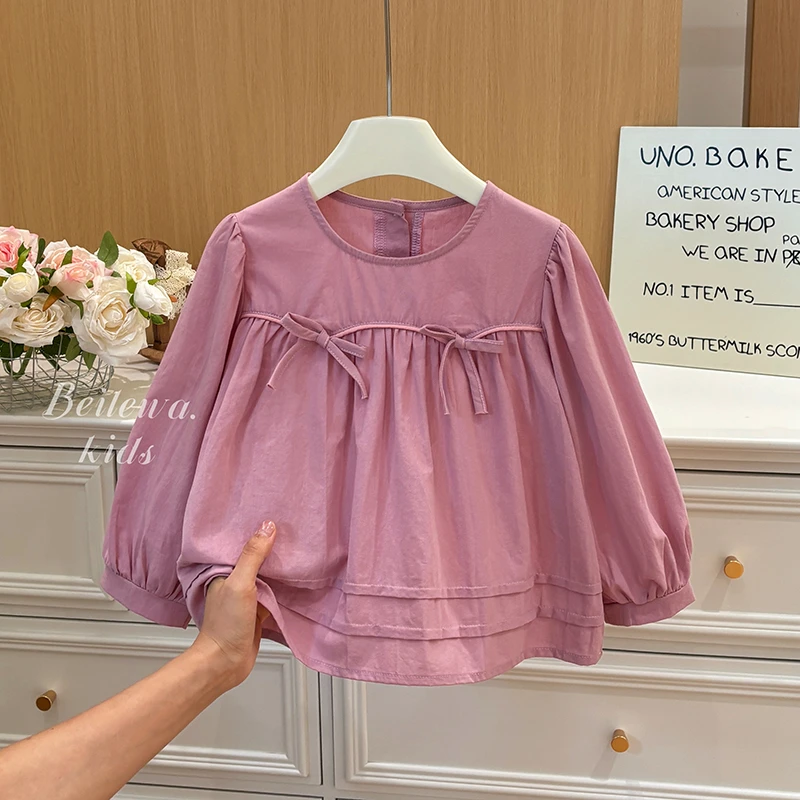 新款女童秋装百搭蝴蝶结衬衫女宝宝韩版休闲洋气外穿儿童潮流童装