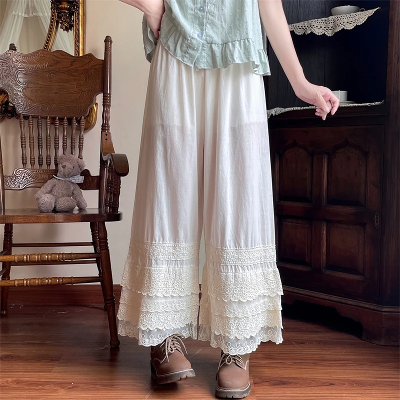 旗袍衬裤蕾丝花边白色阔腿裤女休闲裤直筒长裤子2025春夏新款甜美