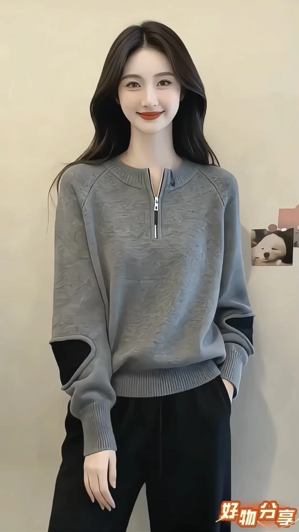 灰色半拉链宽松套头休闲毛衣针织衫女2025冬季新款独特超好看上衣