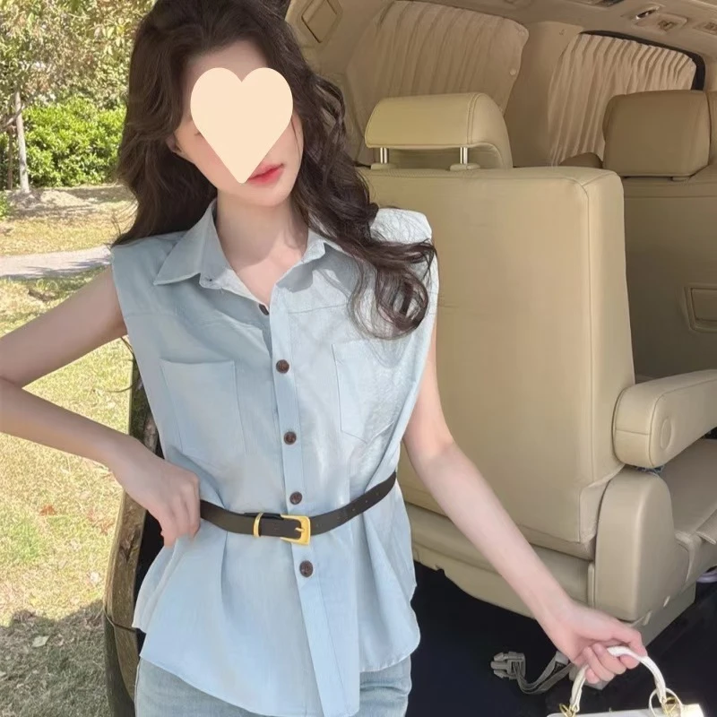 2025爆款推荐法式设计感收腰翻领显瘦百搭无袖超显气质衬衫上衣