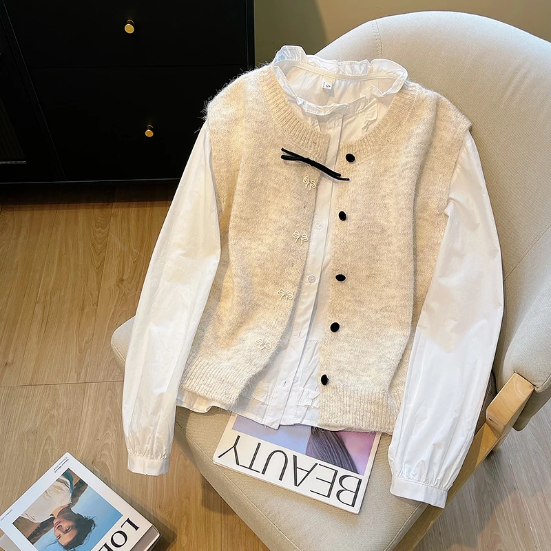 韩系学院风设计感外搭针织马甲女早秋新款小个子蝴蝶结拼接马夹衫