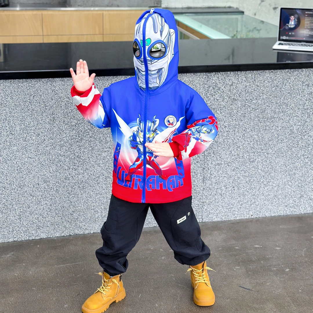 男童深秋加绒奥特曼加厚双面穿外套2025新款男孩帅气儿童冲锋衣服