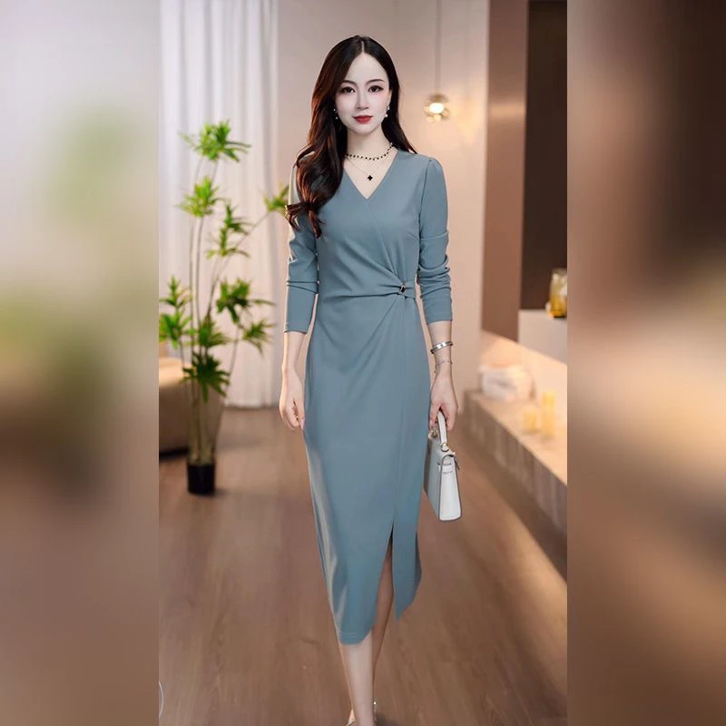 【连衣裙】2025秋季新款莫兰迪蓝腰部浮花名媛优雅时尚气质连衣裙女