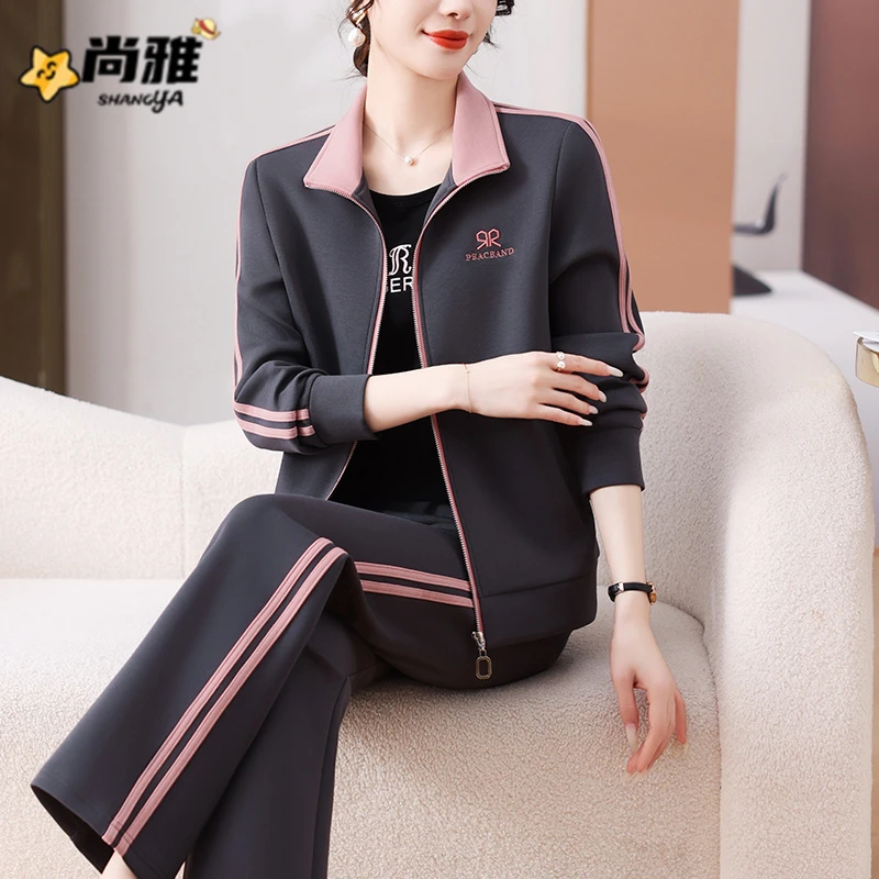 中年妈妈春装撞色立领外套2025新款中老年人运动套装女春秋三件套
