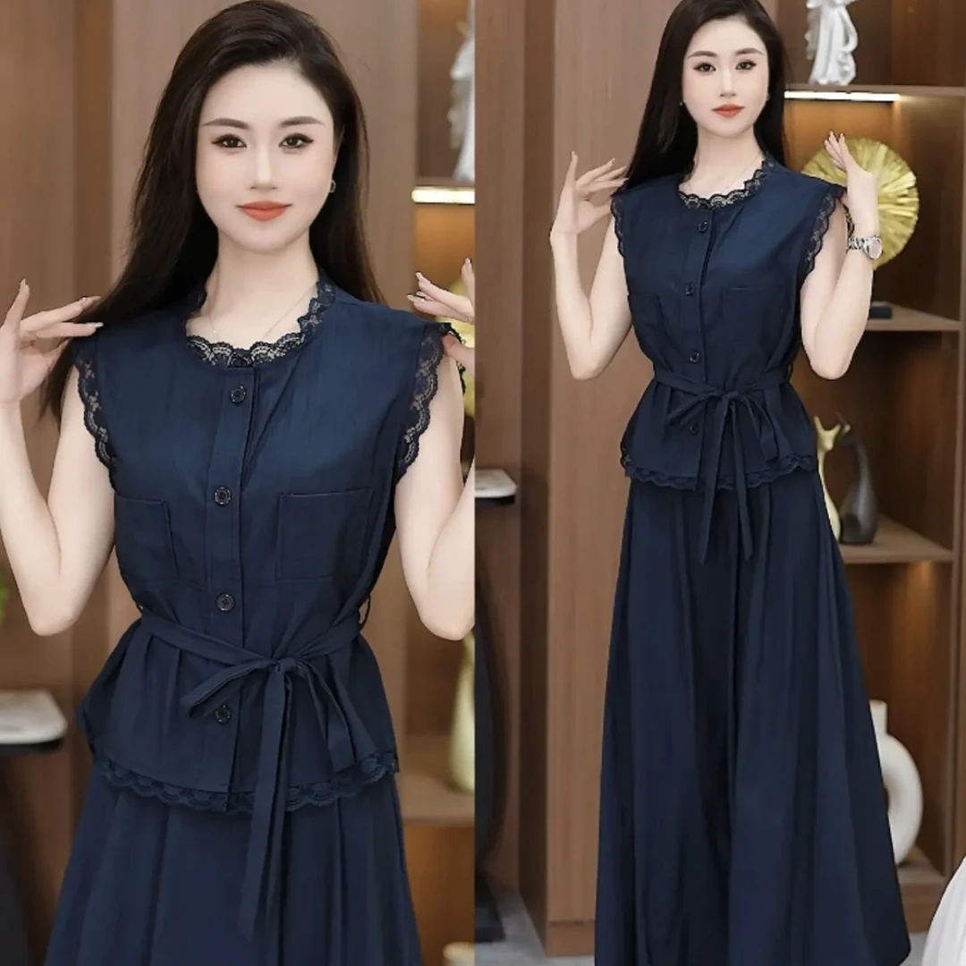 2025夏季新款高档减龄时尚洋气遮肚显瘦套装蕾丝上衣半身裙两件套