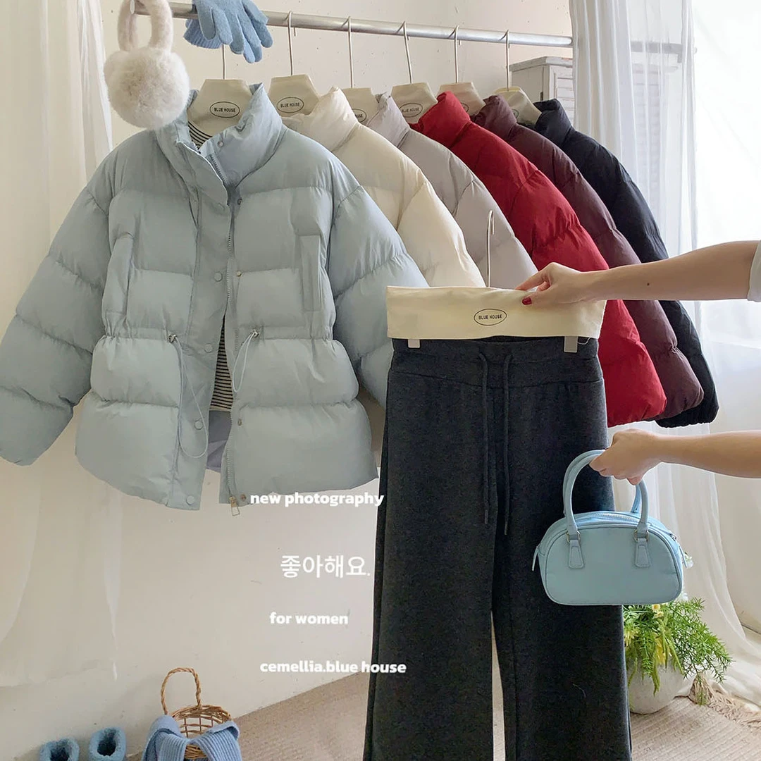 立领加厚保暖抽绳收腰中长面包棉服女冬休闲超好看的蓝色棉衣外套