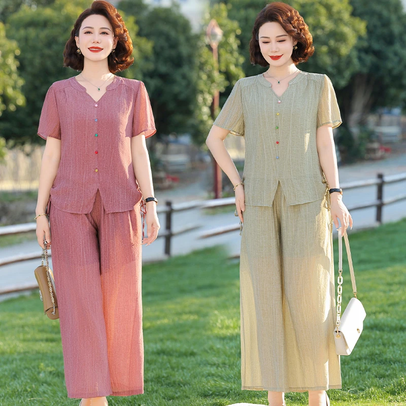 2025年夏季新款阔太太气质中老年女装短袖长裤两件套休闲时尚洋气