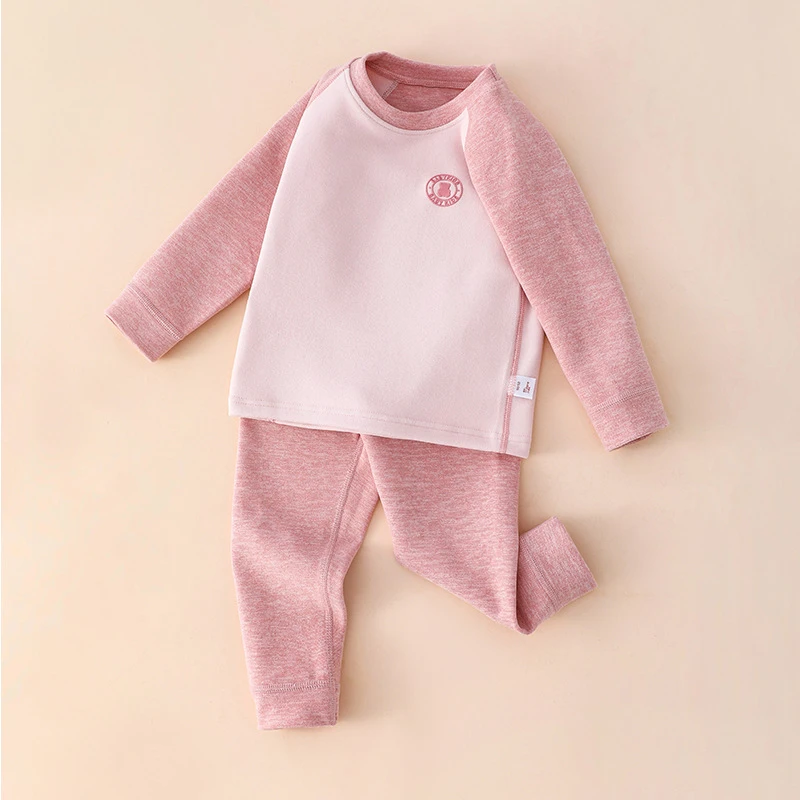 【德绒套装】儿童舒适柔软保暖撞色圆领宝宝打底衫男女童内衣套装