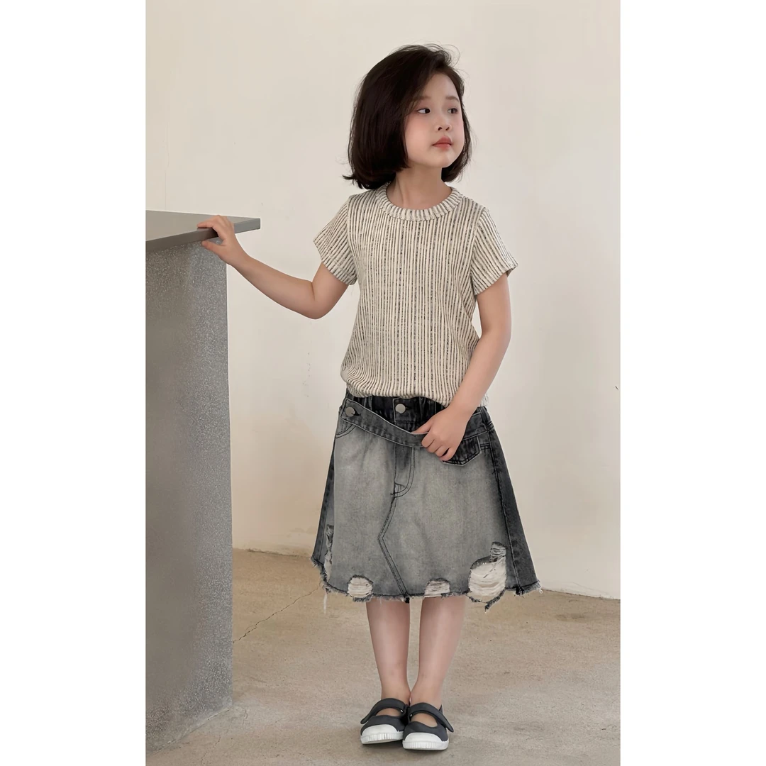 <Eudora>25年夏季新款女童韩版百搭休闲特种针织T恤/双色牛仔裙