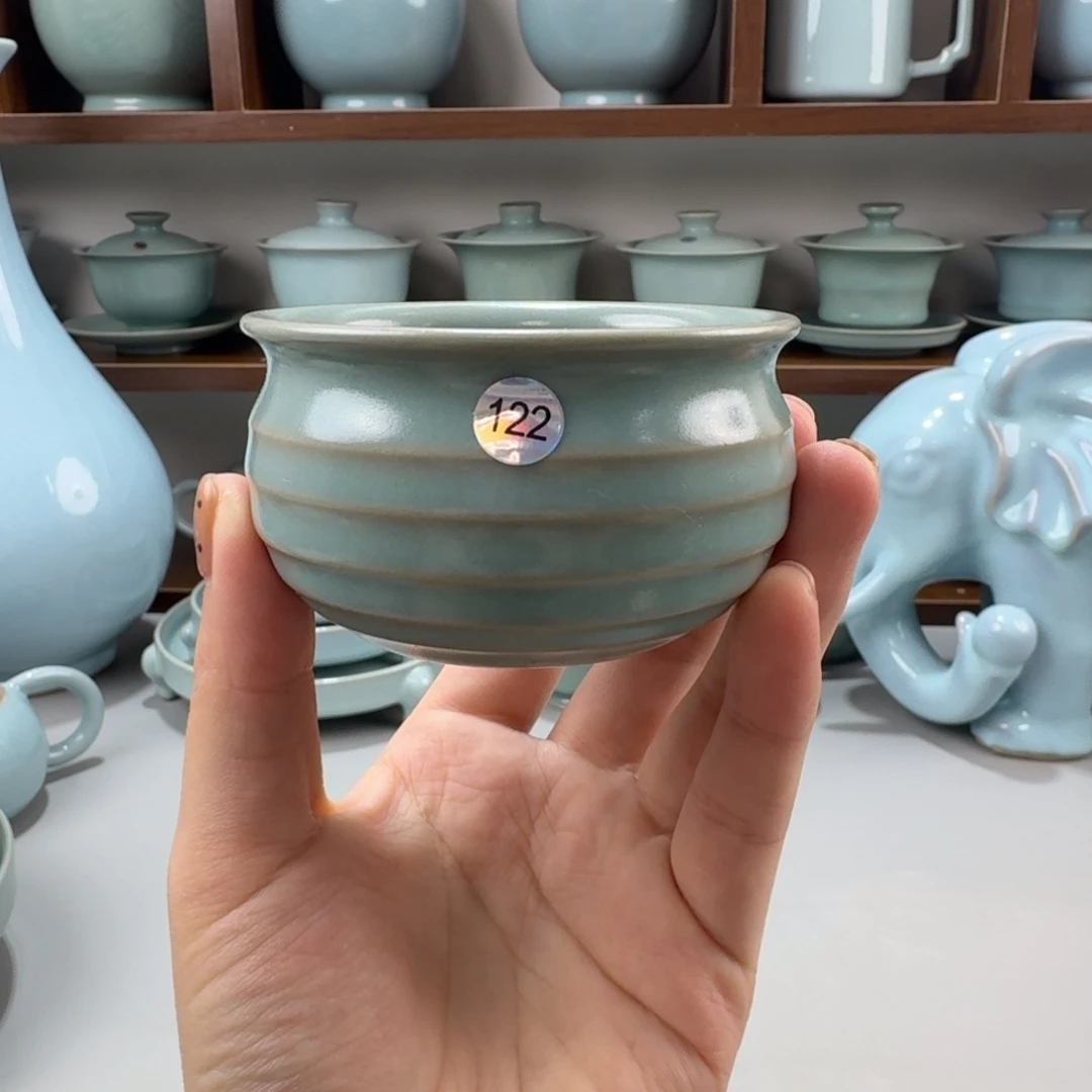摆件孤品汝窑仿古釉弦纹杯编号122号