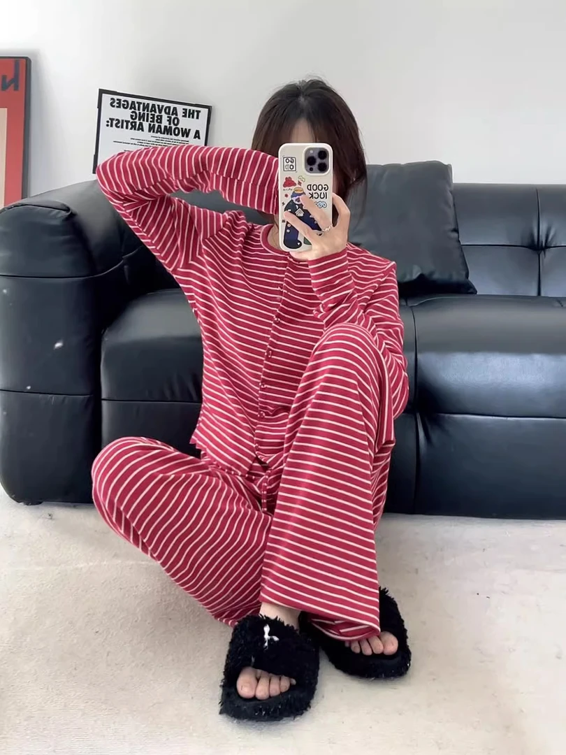 韩版甜美少女条纹睡衣女款春秋季2025新款可外穿休闲家居服两件套