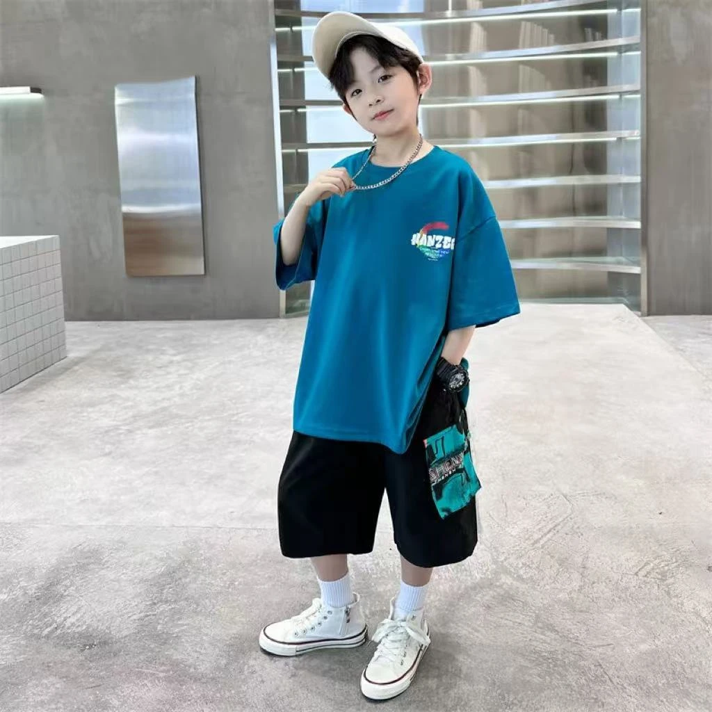 502857童装男童套装2025休闲运动洋气短袖工装两件套宝宝潮酷套装