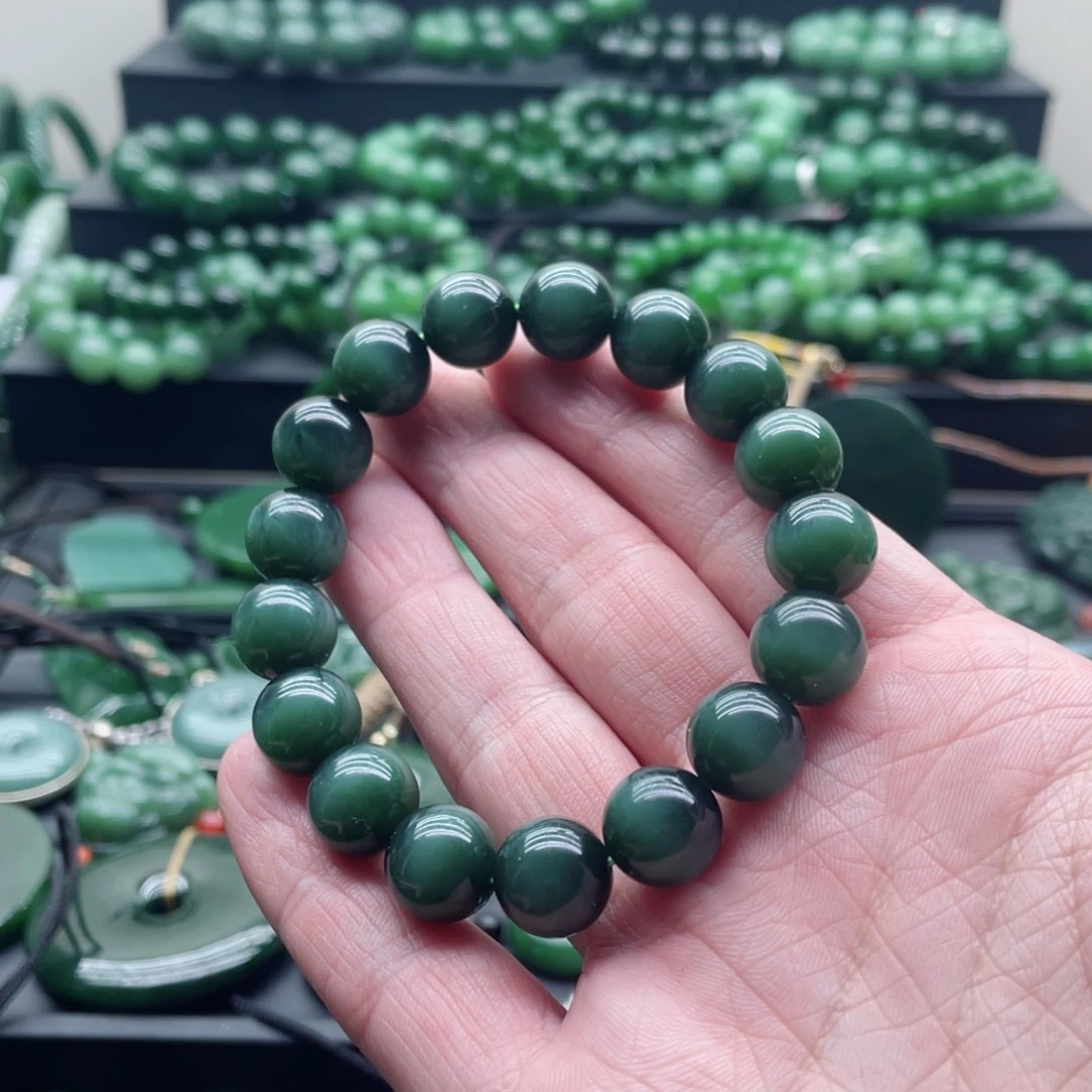 和田玉（碧玉）未镶嵌手链12mm黑猫闪电猫