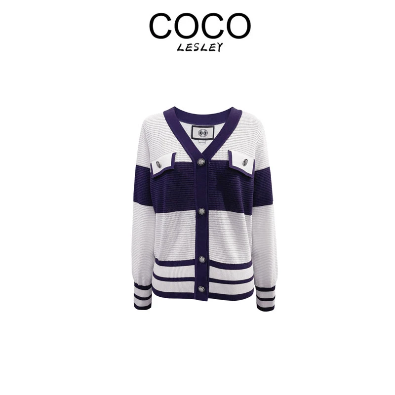 【COCO LESLEY】秋款拼色女短款针织衫休闲毛衣开衫1CK139
