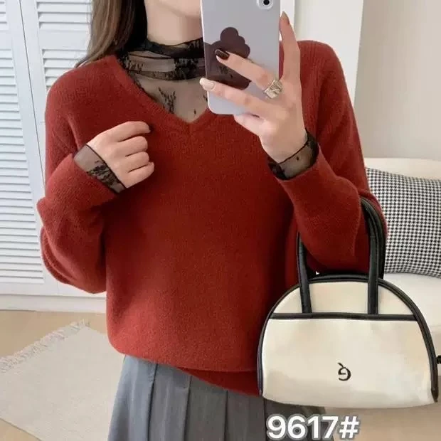 9617冬季时尚珍珠绒毛衣堆堆领蕾丝领中衫打底针织衫