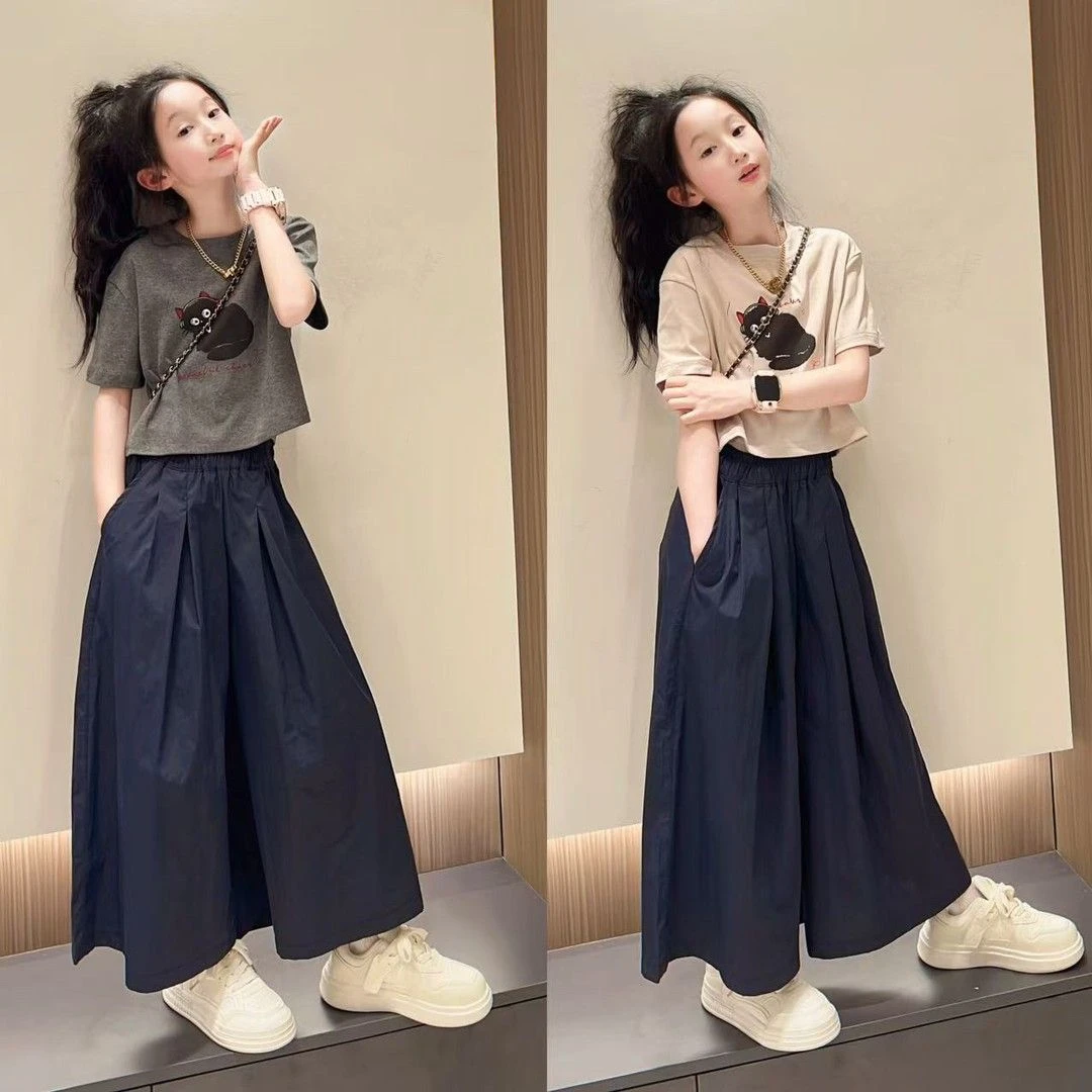 女童套装夏季2025新款中大童印花短袖时尚休闲阔腿裤洋气时髦两件