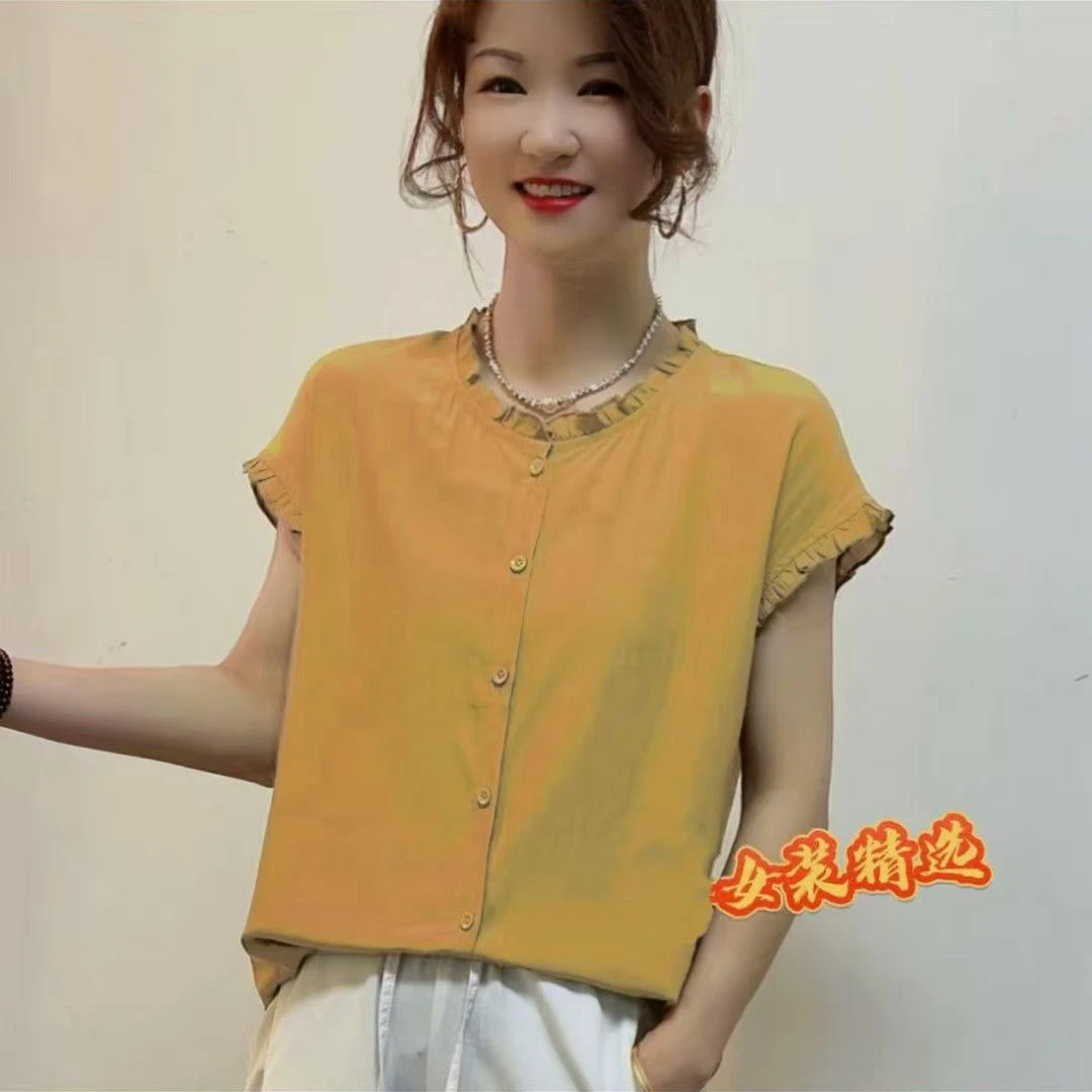 YY2025年女士小袖圆领花边时尚宽松小衫妈妈款舒适透气