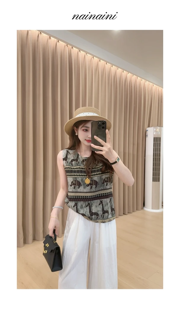 奈奈妮【兰亭序】无袖T恤上衣女2025夏季新款气质复古百搭3115