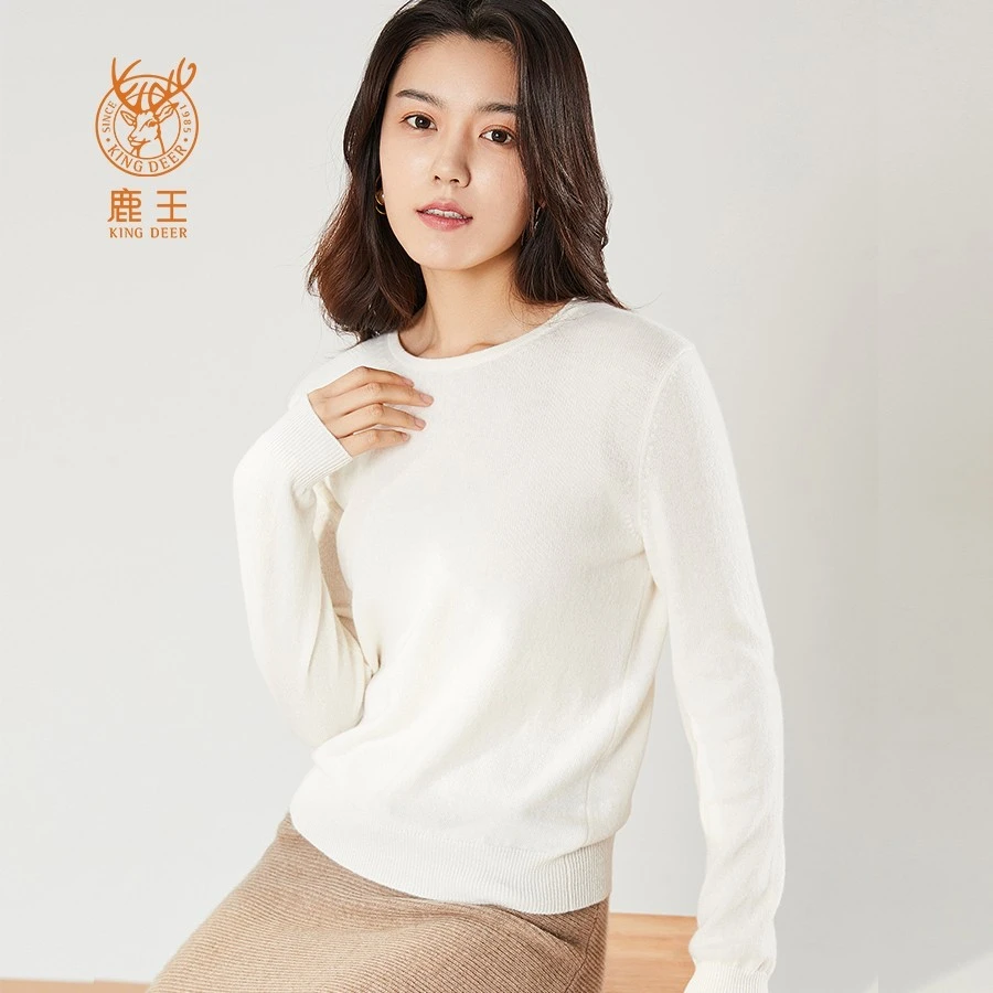 外销经典款！鹿王女圆领100山羊绒纯色休闲百搭针织衫912390101
