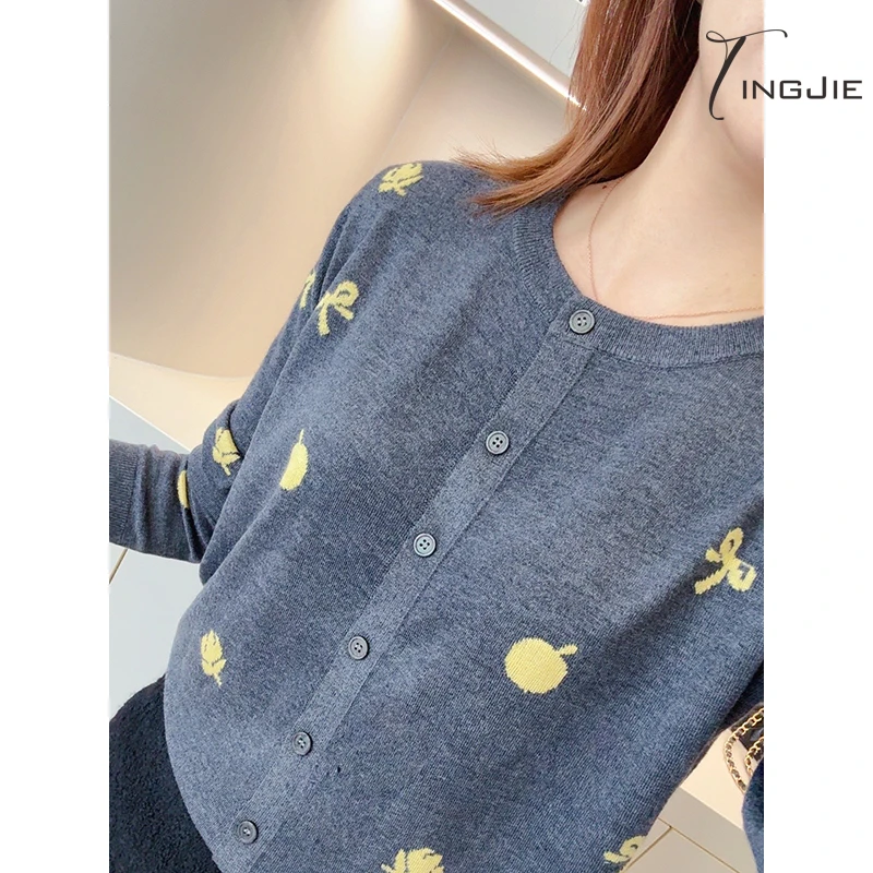 婷姐~格雷系灰气质设计感撞色提花宽松百搭针织长袖春秋B2510