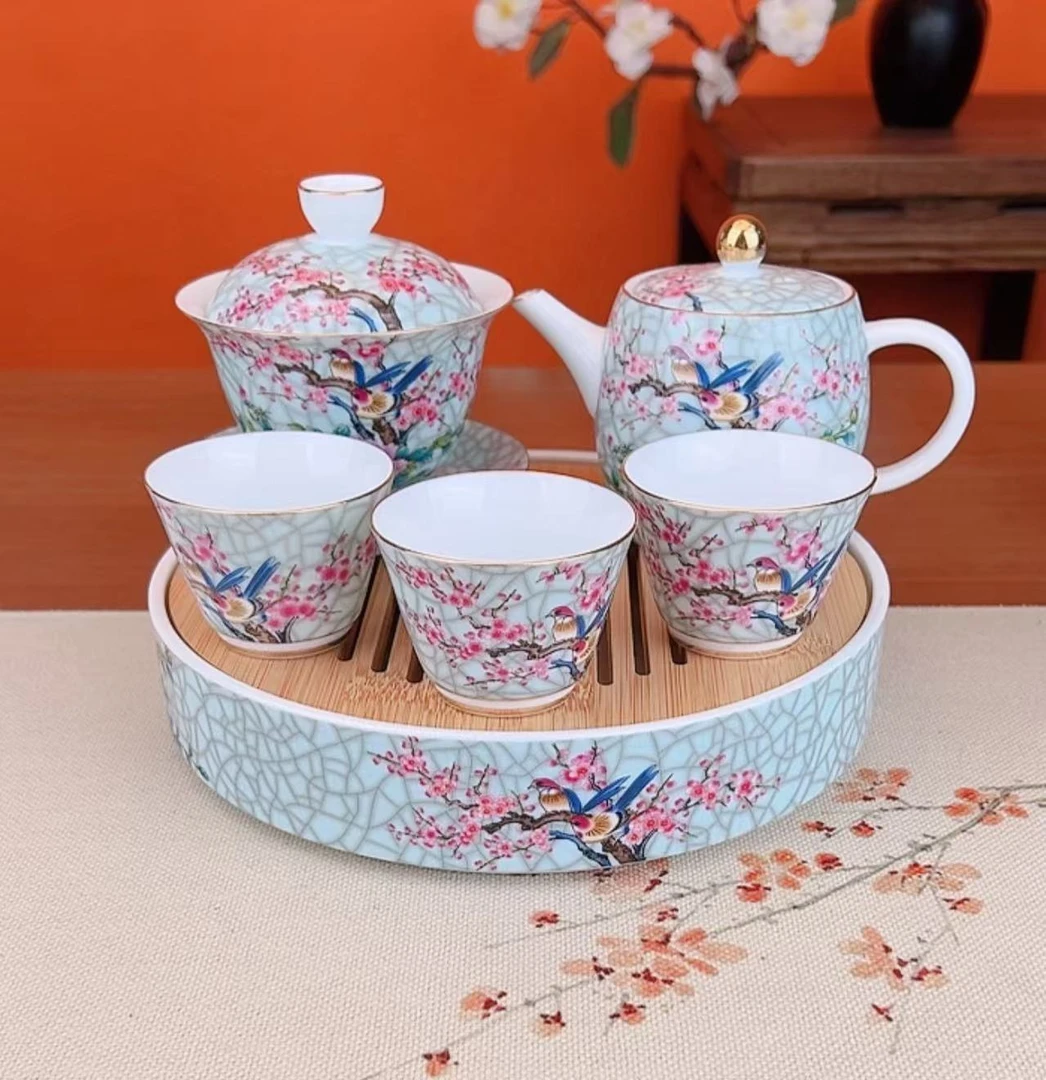 喜上眉梢鸟语花香美人壶+盖碗+3杯+茶盘W1803