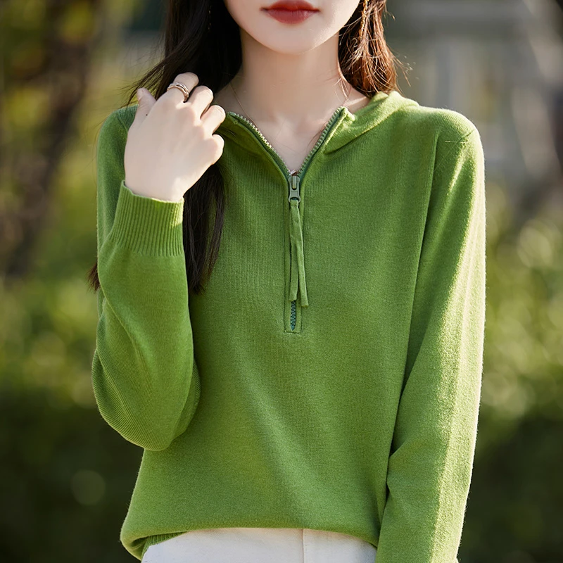 精致半拉链减龄帽衫！可机洗精纺100%羊毛衫女秋冬新款宽松打底衫