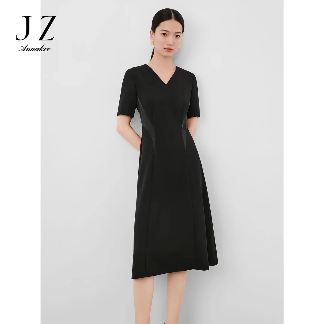玖姿安娜蔻JTEX50067黑色修身女优雅夏季新款名媛小V领宴会连衣裙