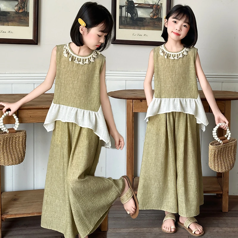 女童波西米亚度假风薄款纯色套装2025夏季套装夏装时尚女孩童装潮