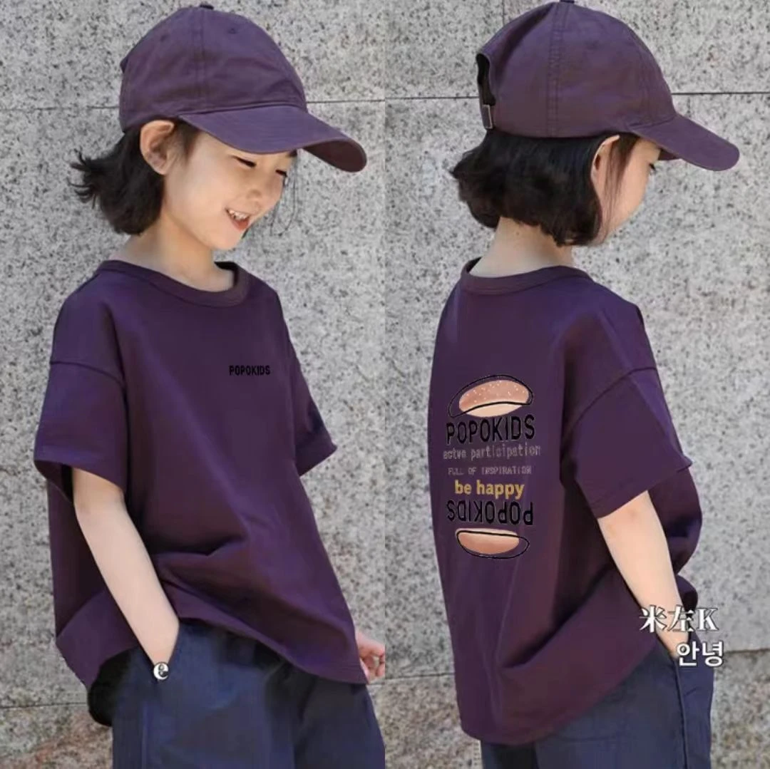 女童洋气纯棉短袖t恤2025夏装女孩休闲宽松上衣紫色夏装大童半袖