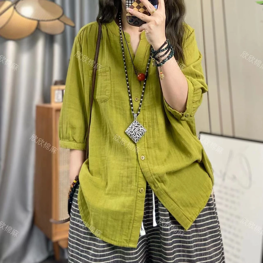 欣欣 夏季新款V领中袖衬衫女文艺纯色薄款开扣衬衣