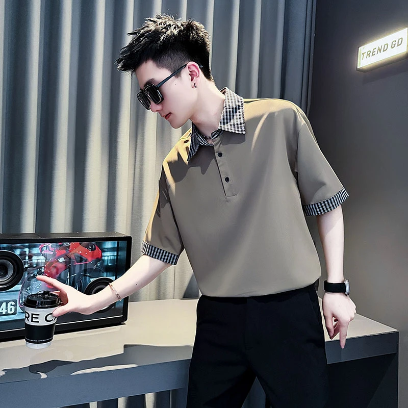 格子拼接短袖Polo衫男士夏季2025新款网红洋气炸街男装半袖上衣服