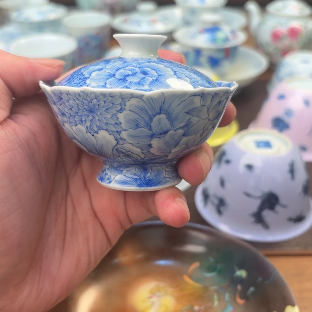 万花小盖碗花口青花