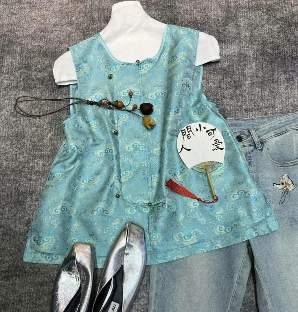 【花瑞】桑蚕丝蜀锦花萝包边盘扣新中式国风背心马甲