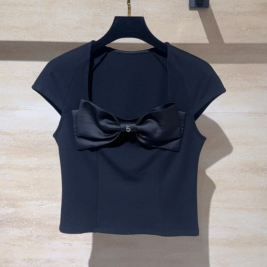 《猪猪出品》黑色无袖短袖极简风蝴蝶结抗皱T恤设计感百搭765