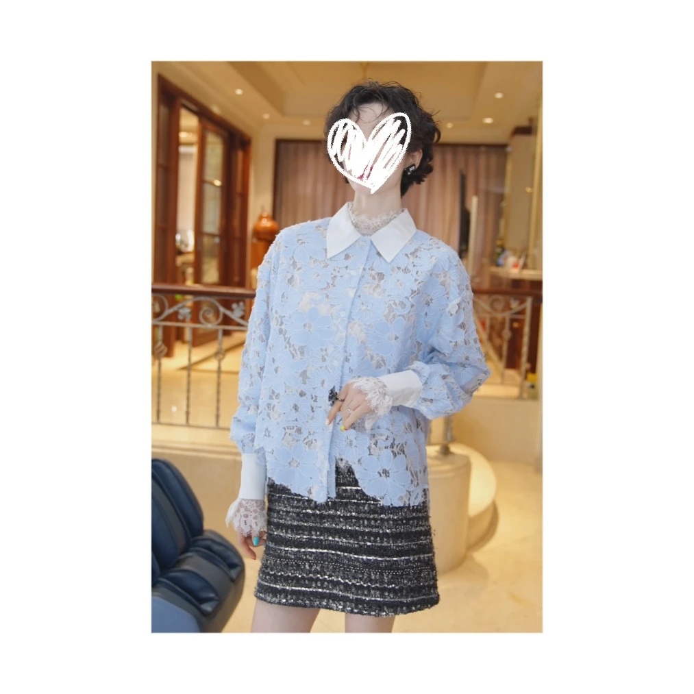 26112321【海洋之心】春装新款时尚法式蕾丝钩空百搭上衣衬衫a55