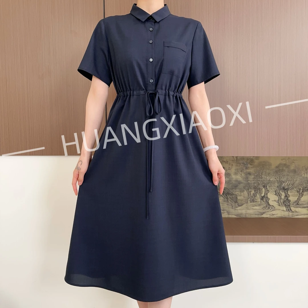 HUANGXIAOXI 高级感藏蓝色抽绳腰短袖翻领洋气连衣裙（HXX-123）