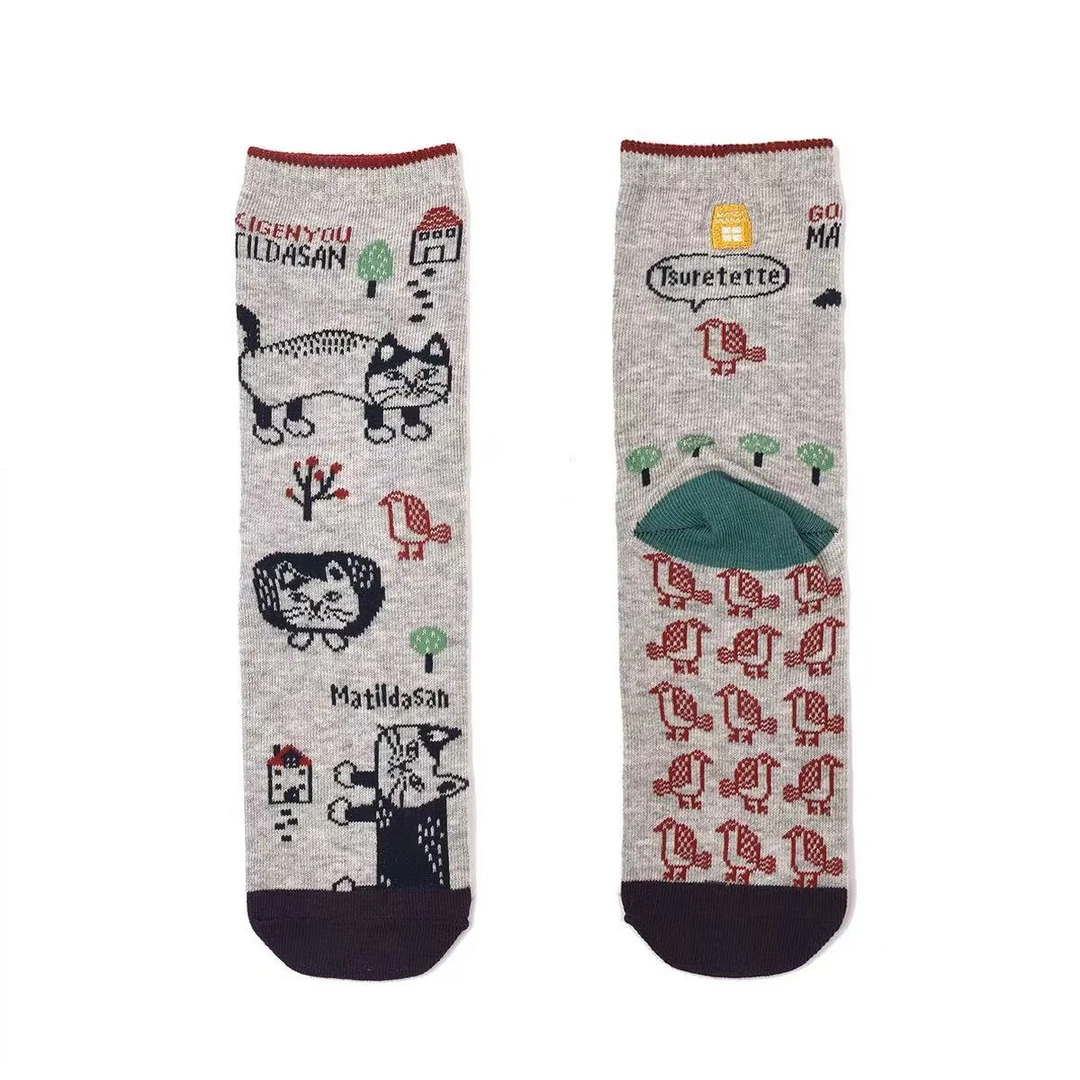 A8220猫咪提花中筒袜舒爬猫与鸟灰8220-2