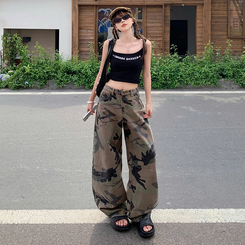 PVJ美式迷彩百搭直筒牛仔裤女2025春夏新款高腰宽松阔腿拖地裤子