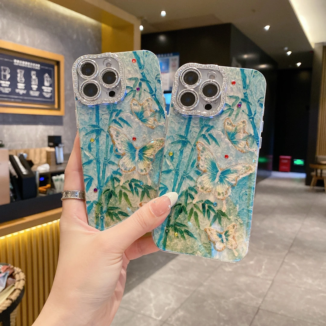 竹林蝴蝶苹果系列手机壳IPhone16全包防摔古风奢华女款创意ins