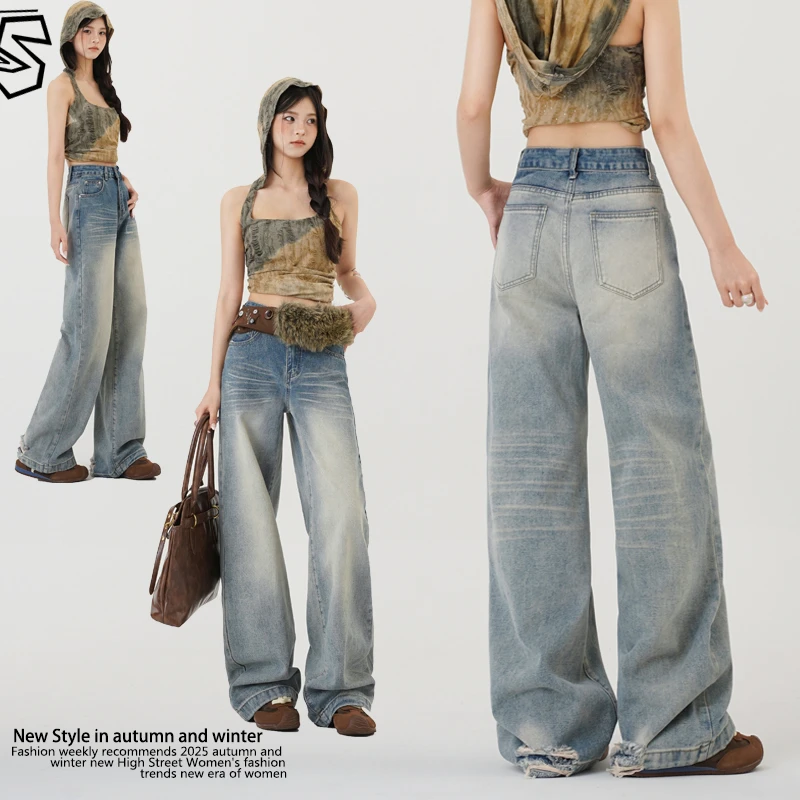 复古高腰水洗夏季裤脚破洞设计阔腿牛仔裤女宽松显瘦直筒裤地裤