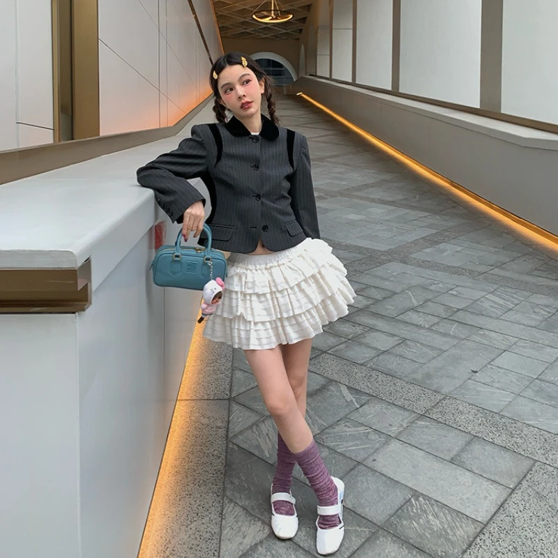 le rouge周美美 早春芭蕾风半身裙女蕾丝蓬蓬裙多层百褶蛋糕短裙